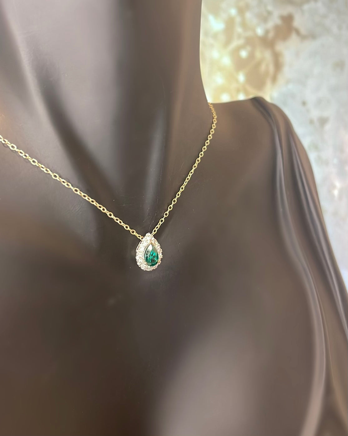 Pear Cut Lab Emerald & Halo Diamond 9ct Yellow Gold Pendant