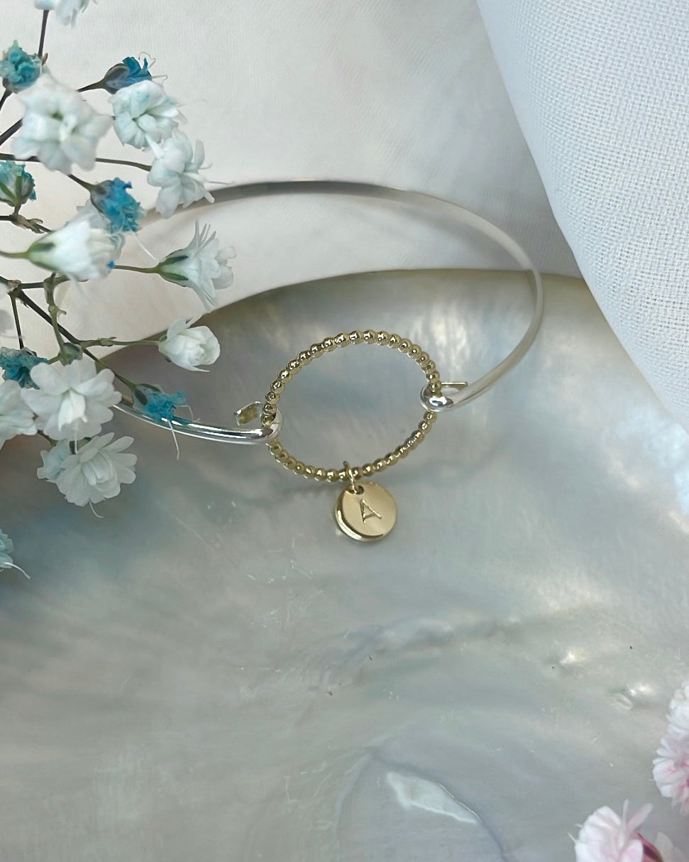 9ct Yellow Gold Beaded Circle with Initial Disc & Sterling Silver Bangle