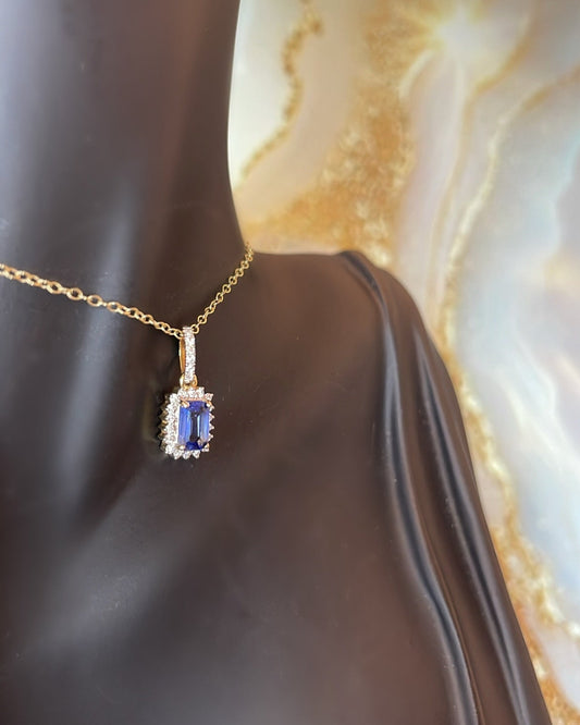 9ct Yellow Gold Emerald Cut Sapphire & Halo Diamond Pendant