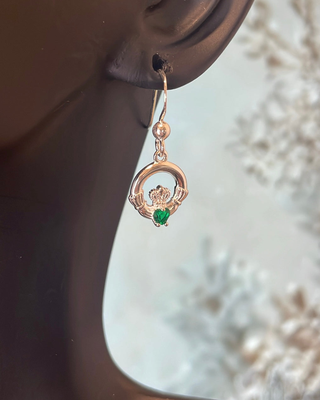 Sterling Silver & Green Stone Claddagh Shepherd Hook Earrings