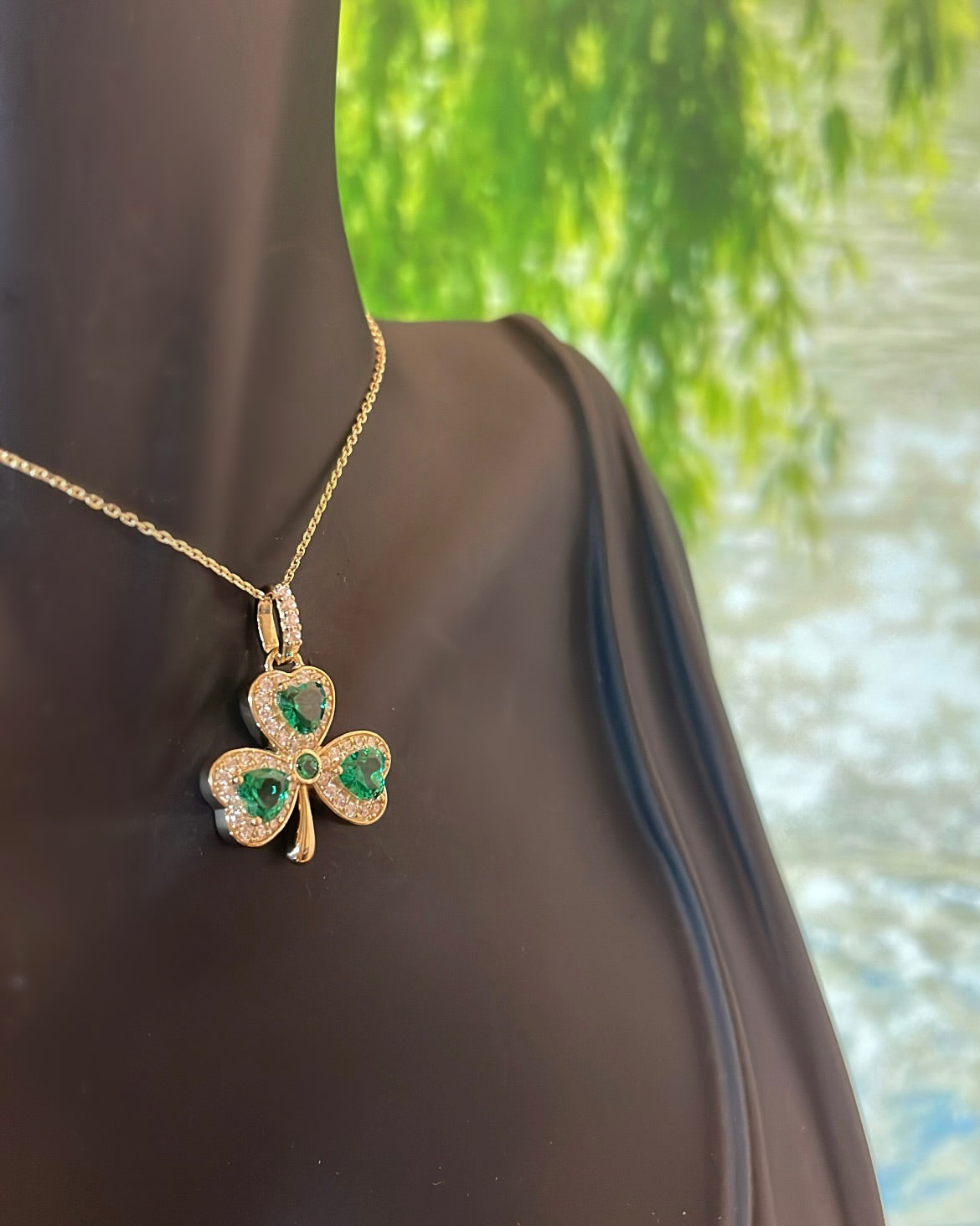 9ct Yellow Gold Diamond & Green Stone Shamrock Pendant