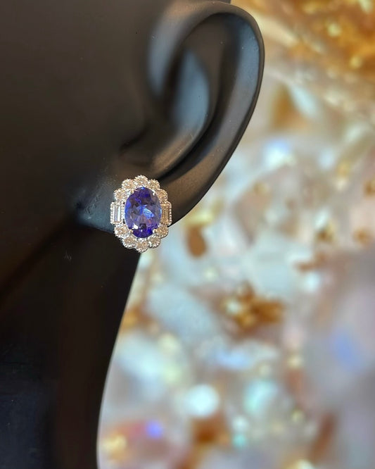 18ct White Gold Tanzanite & Diamond Cluster Earrings
