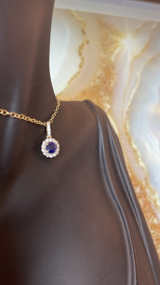 9ct Yellow Gold Sapphire & Halo Diamond Pendant