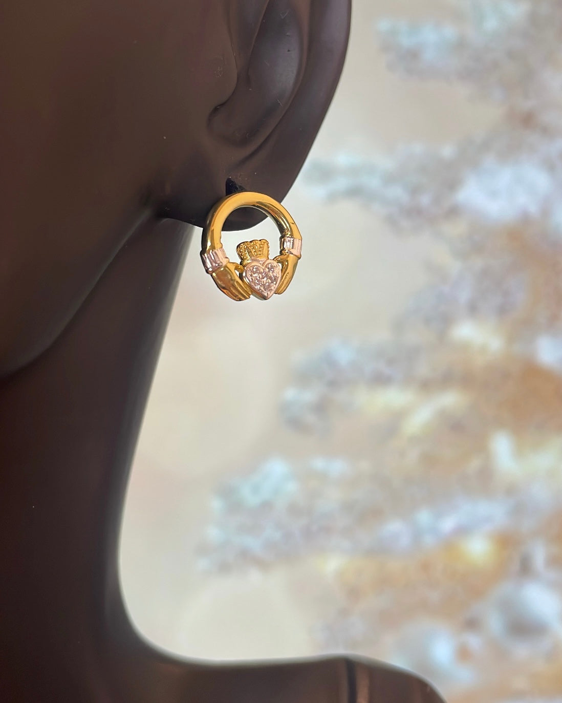 Sterling Silver & Gold Plated, CZ Claddagh Stud Earrings