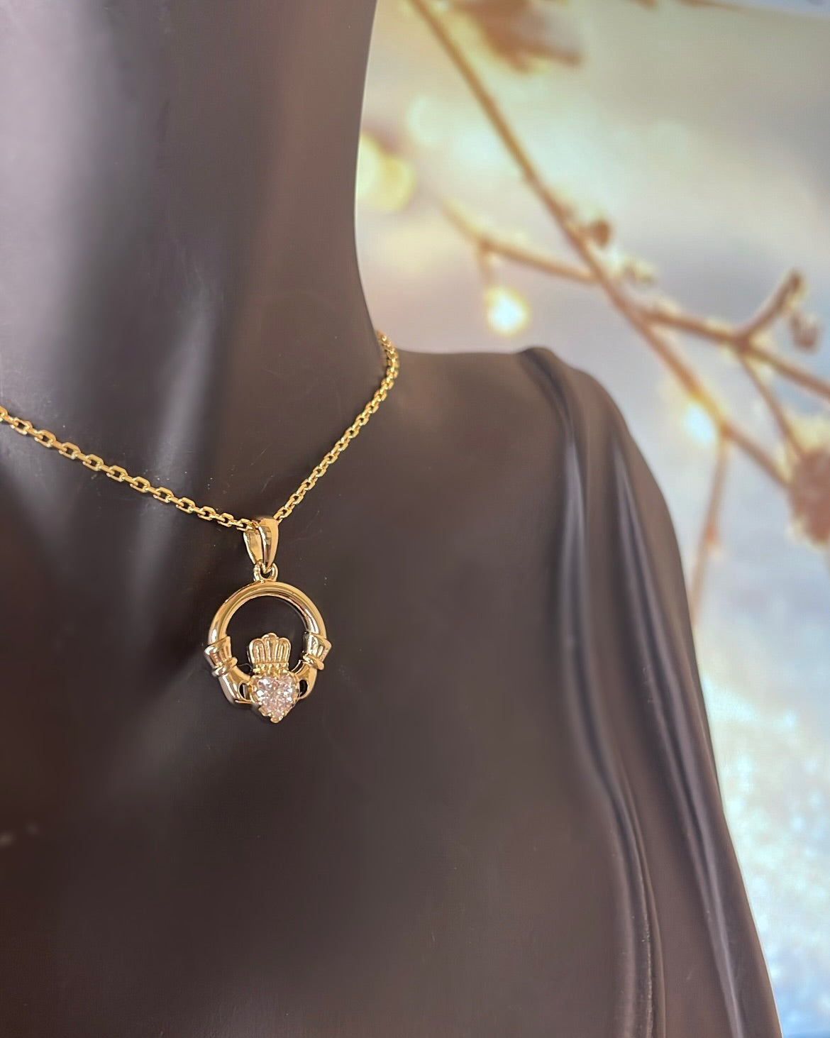 18ct Yellow Gold Plated Claddagh & CZ Pendant