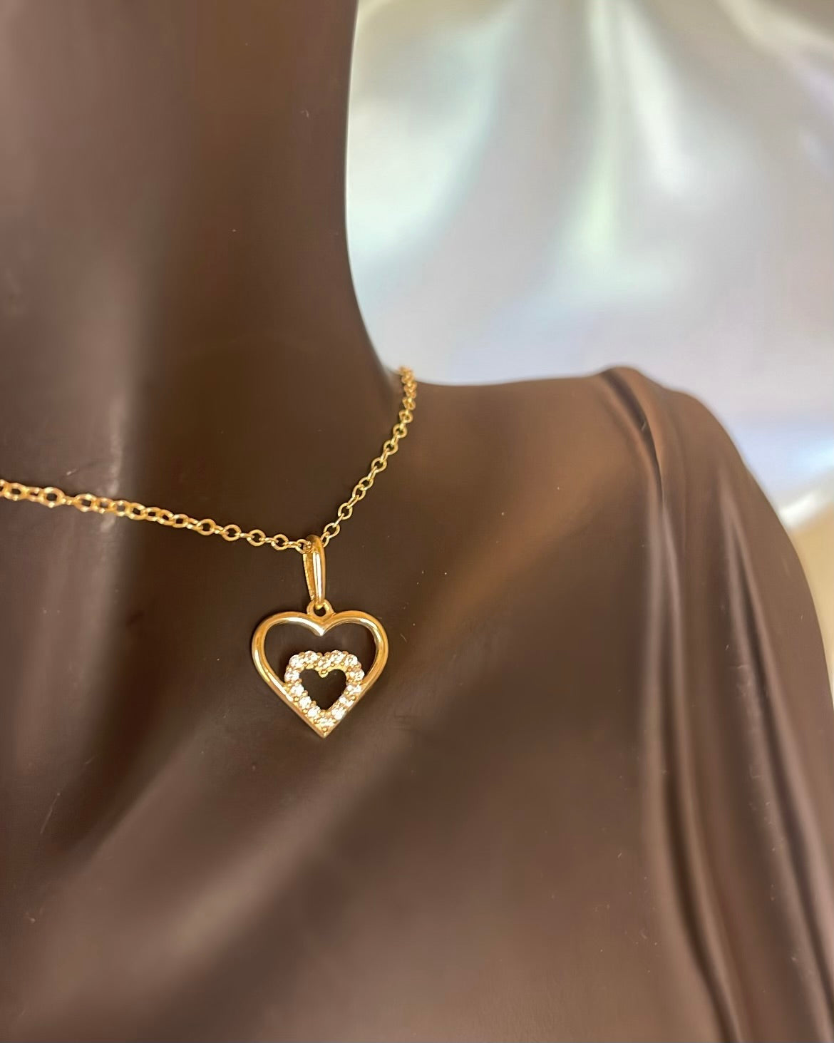 9ct Gold Heart & Inner CZ Heart Pendant