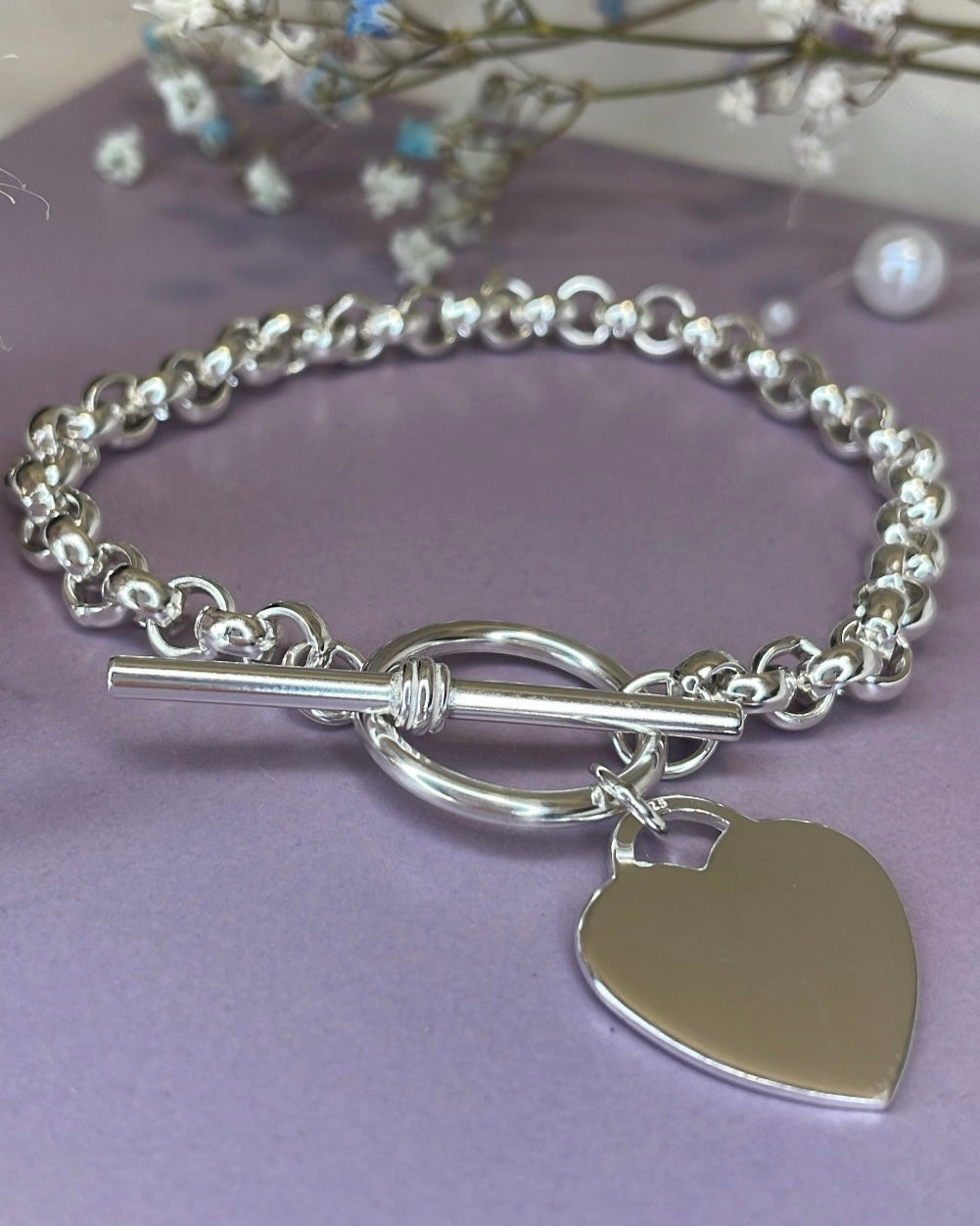 Heavy Sterling Silver Heart T-bar Bracelet
