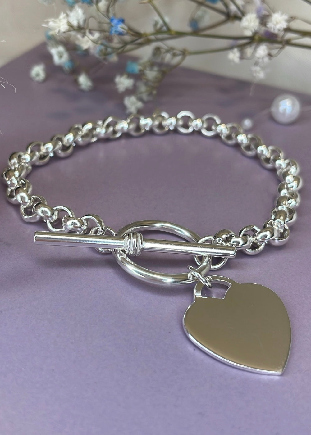 Heavy Sterling Silver Heart T-bar Bracelet