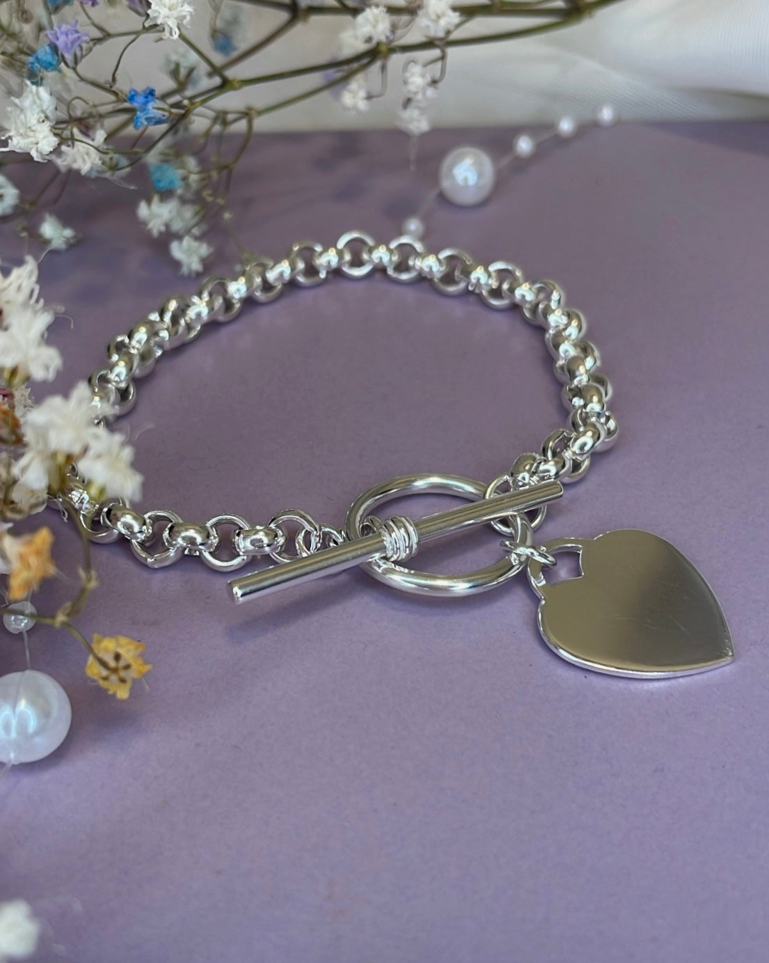 Heavy Sterling Silver Heart T-bar Bracelet
