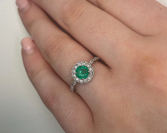 18ct Art-Deco Style Emerald ring with Diamond Halo
