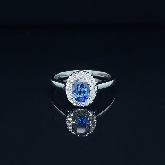 Blue Sapphire & Diamond Halo Ring