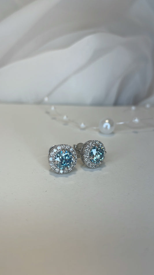 Blue Round Brilliant Lab Grown Diamond & Halo Earrings