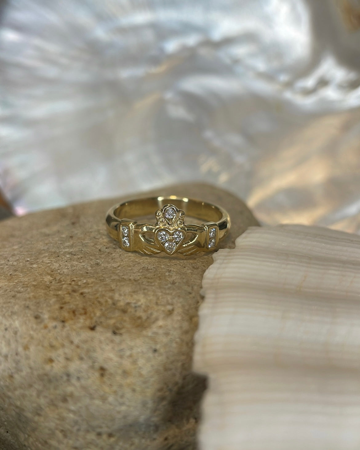 9ct Claddagh Ring With Diamond Centre, Crown & Hands