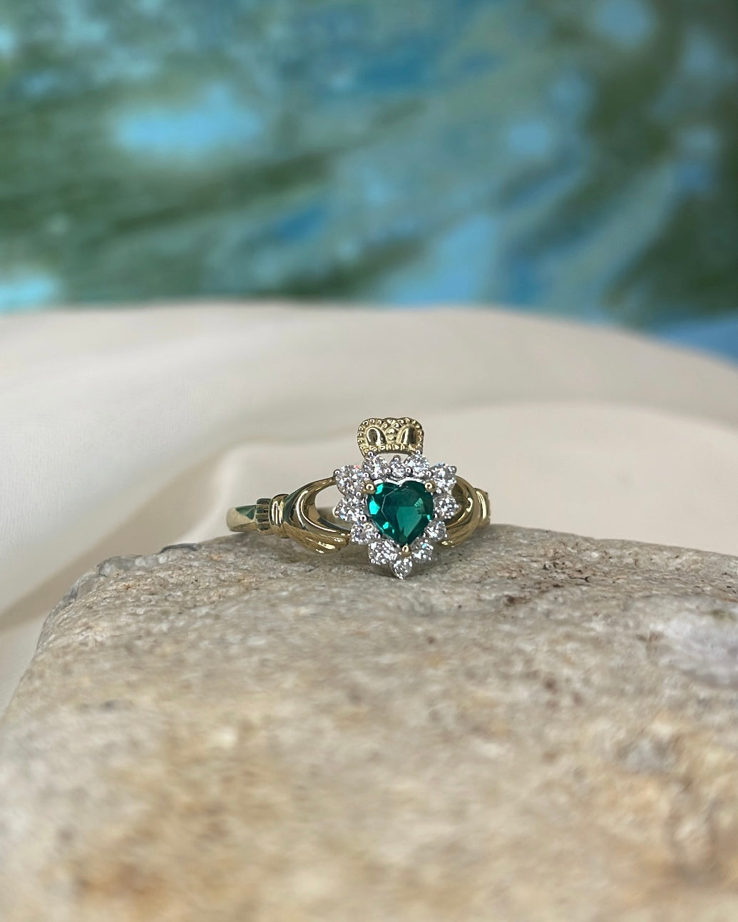 9ct Yellow Gold Emerald Heart and Diamond Halo Claddagh Ring