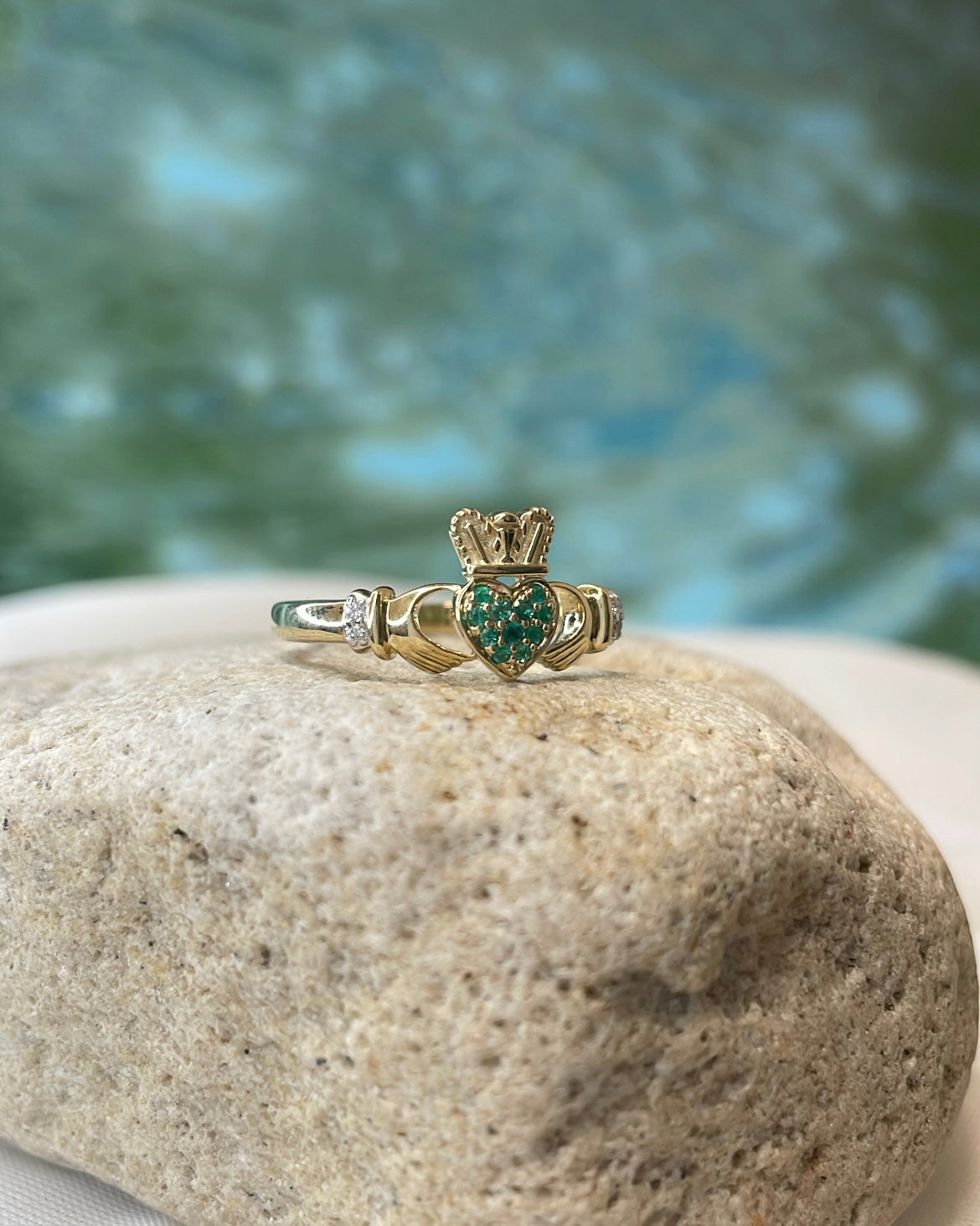 9ct Yellow Gold Emerald Heart and Diamond Claddagh Ring