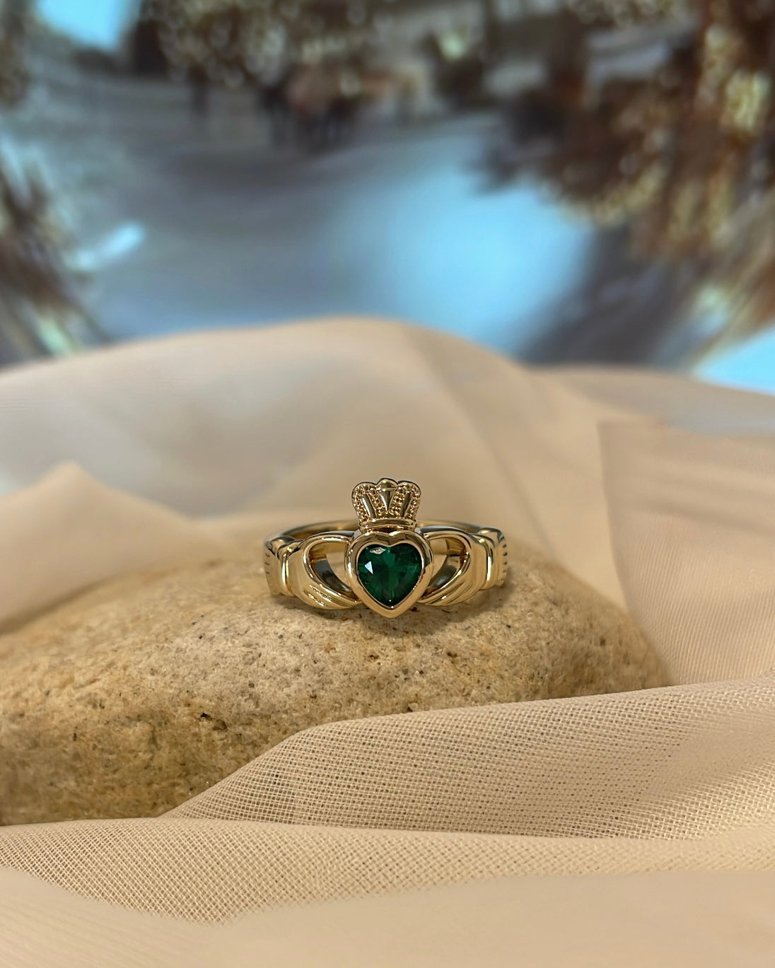 18ct Yellow Gold Plated & Green CZ Claddagh Ring
