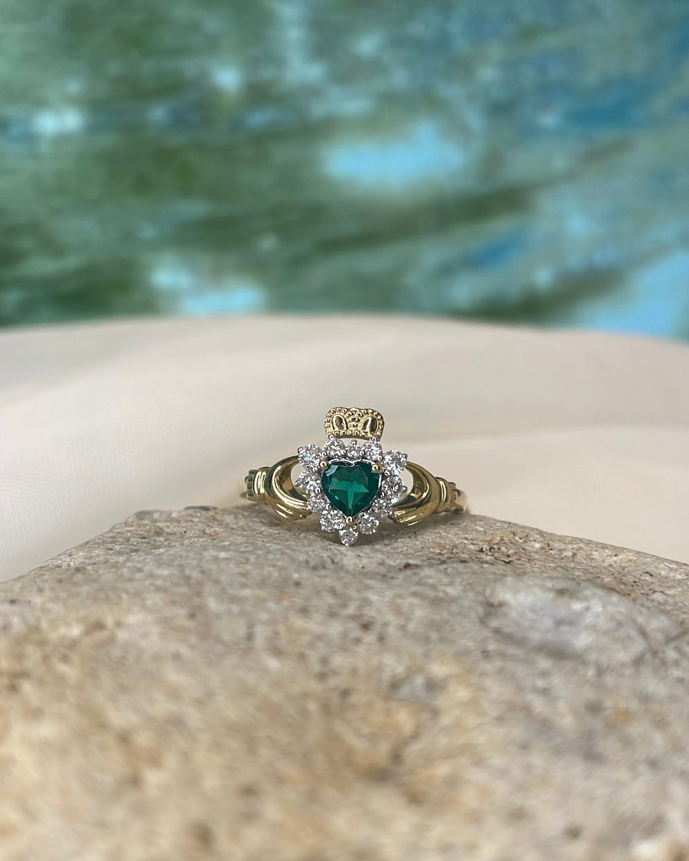 9ct Yellow Gold Emerald Heart and Diamond Halo Claddagh Ring