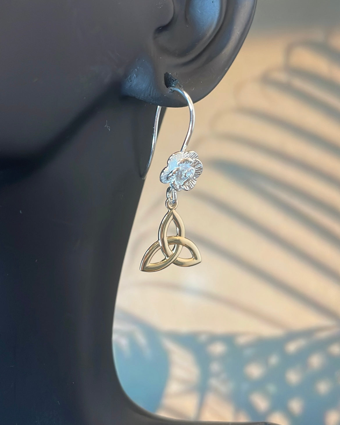 9ct Yellow Gold & Sterling Silver Mini Trinity Knot with Rose Pattern Shepherd Hook Earrings