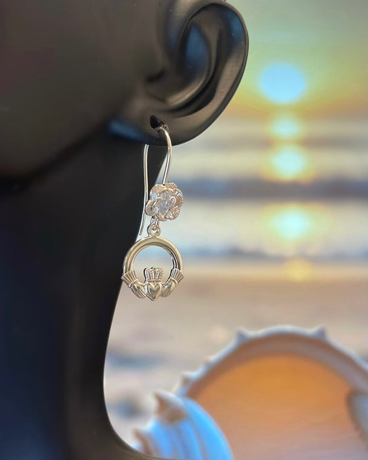 Sterling Silver Claddagh & Rose Shepherd Hook Earrings