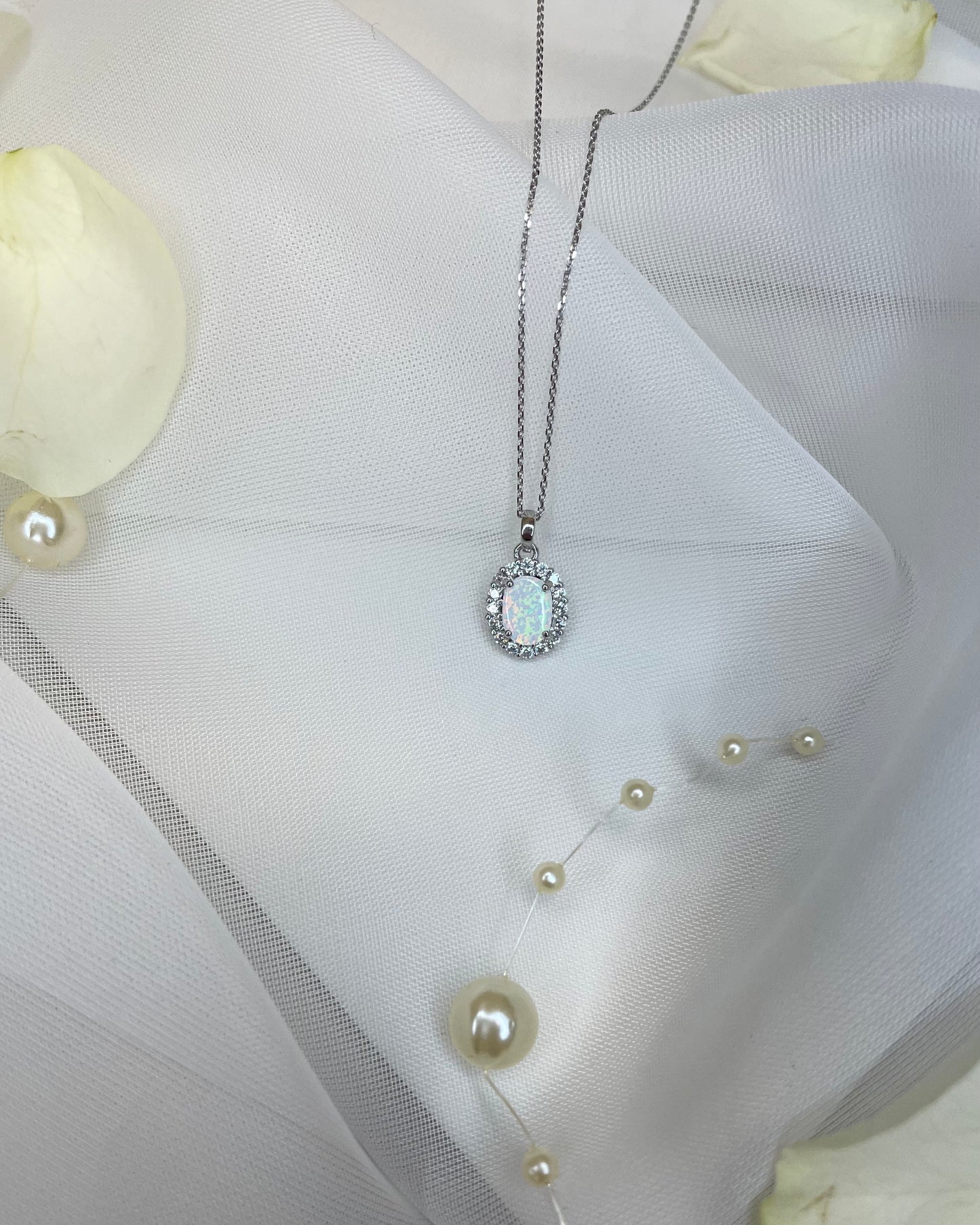 9ct White Gold Oval Opal Swarovski Crystal Pendant