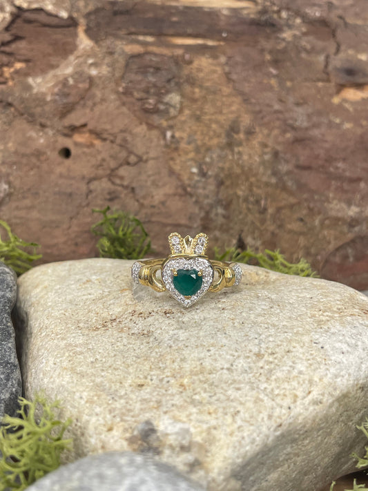 9ct Yellow Gold Emerald Heart and Diamond Claddagh Ring