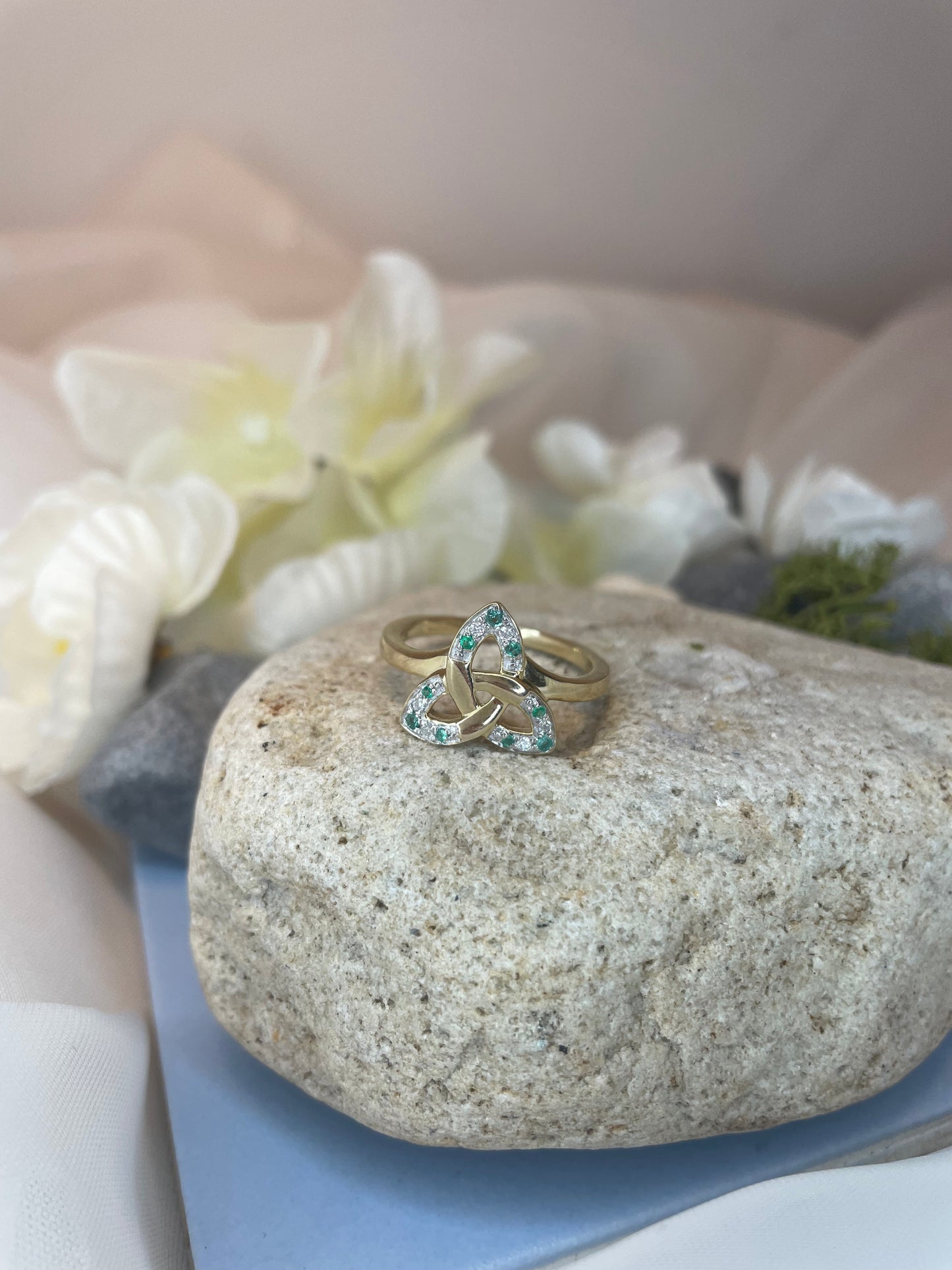9ct Large Trinity Knot pave Diamond and Emerald ring