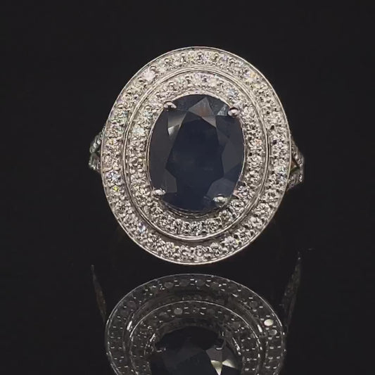 Oval Sapphire and Diamond Double Halo 18ct Ring