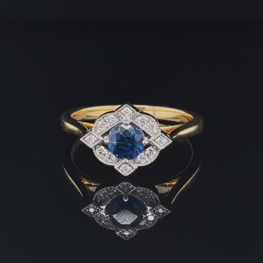 18ct Round Sapphire with Vintage Diamond Halo Ring