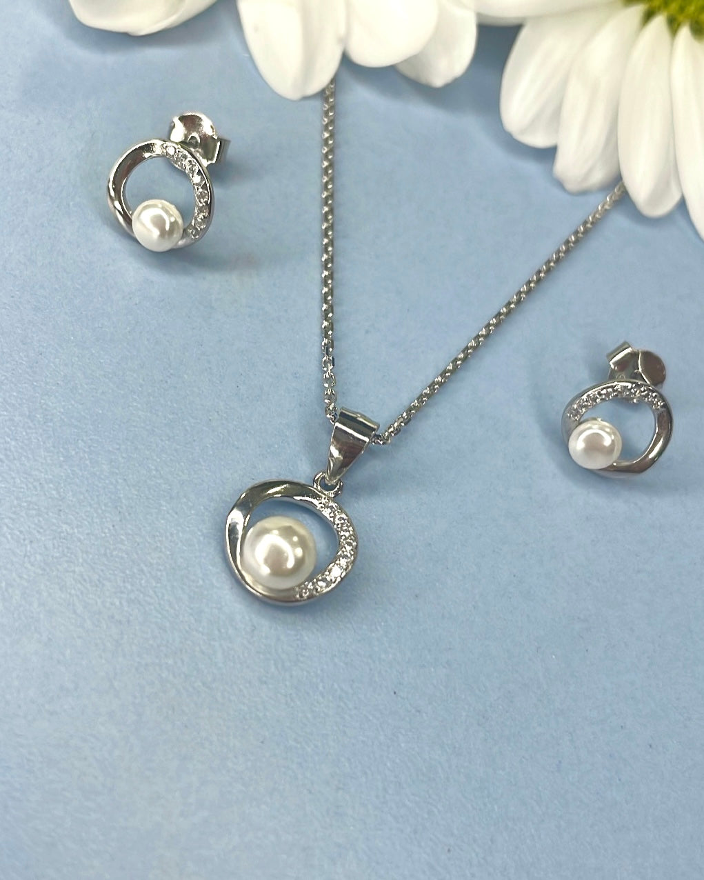 Sterling Pearl Cubic Zirconia Pendant & Earring Set