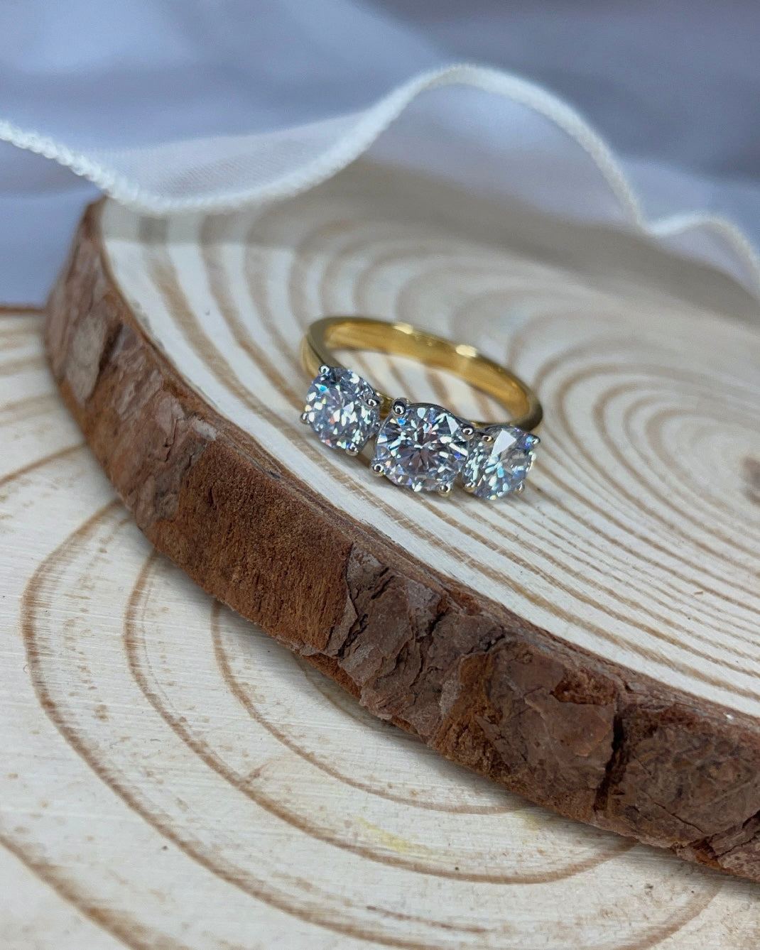 Three Stone Lab Grown Diamond Yellow Gold Engagement Ring