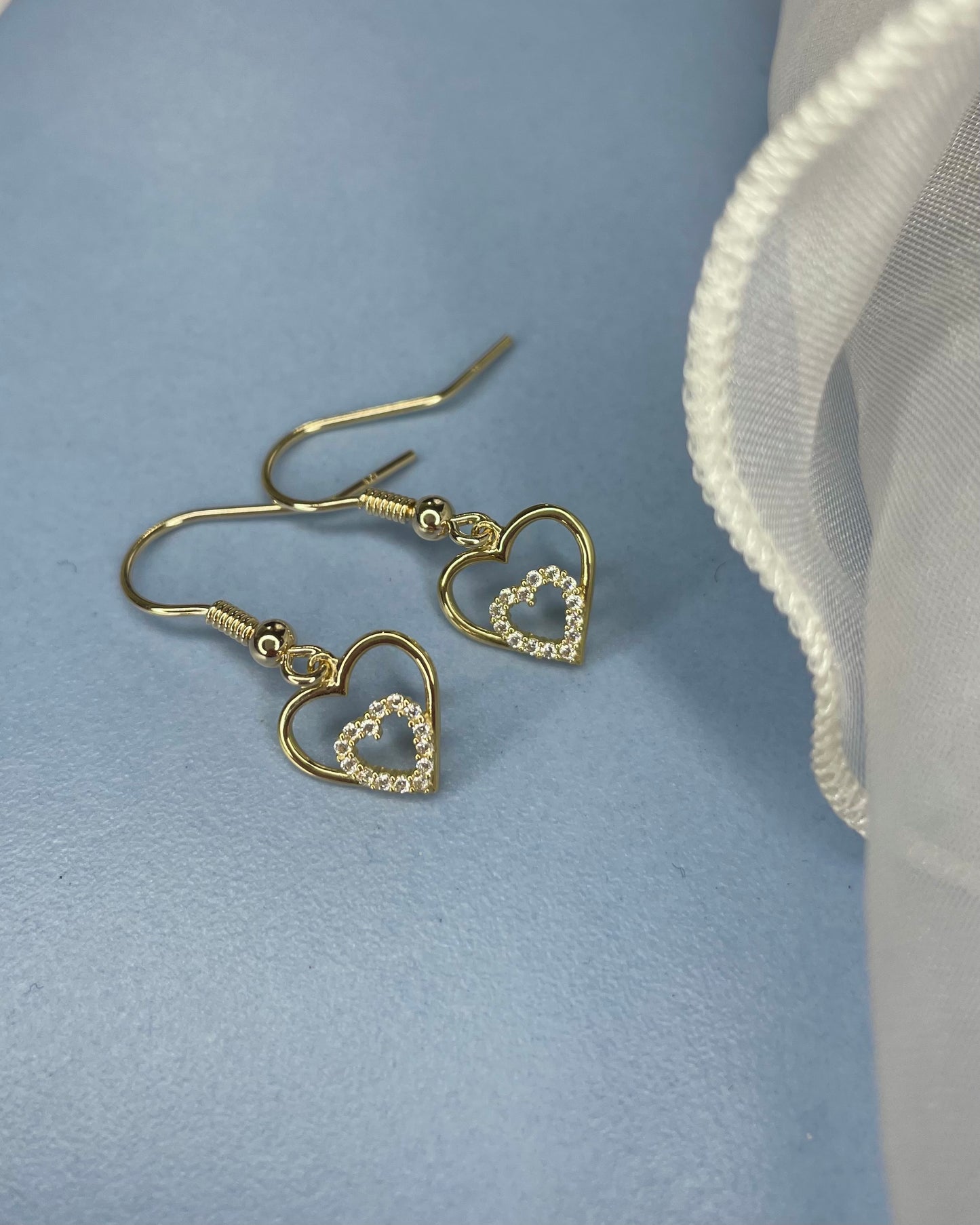 9ct Double Heart CZ Shepherd Hook Earrings