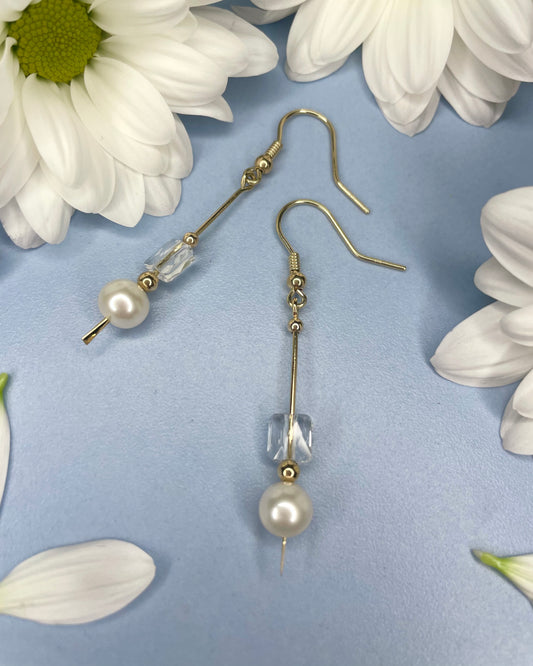 9ct Gold Bar Drop Earrings with Swarovski Crystals & Fresh Water Pearls