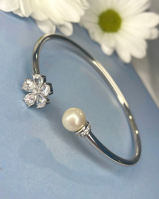 Sterling Silver Pearl & Flower CZ Bangle