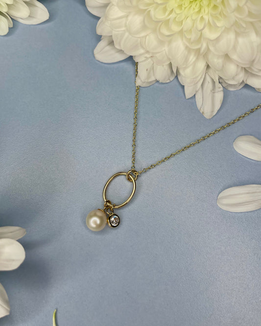 Oval Pendant & Chain with Pearl and Cubic Zirconia Charms