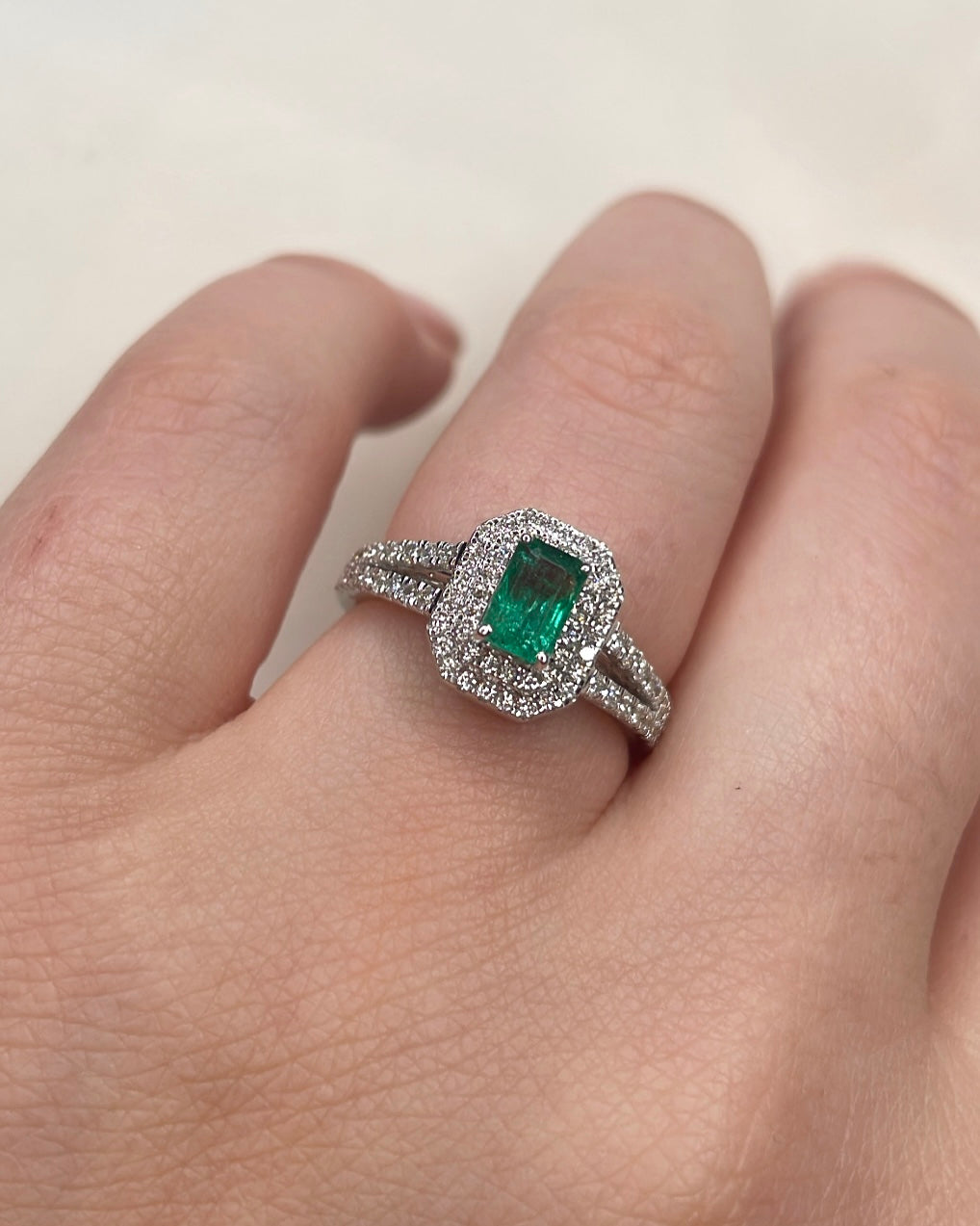 Emerald Cut Double Halo Split Shank Diamond 18ct White Gold Ring