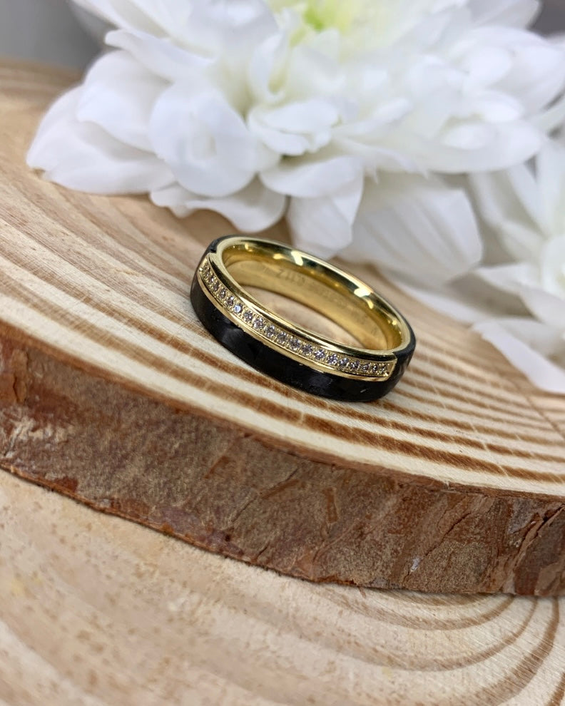 Black Carbon Diamond and Yellow Gold Wedding Band