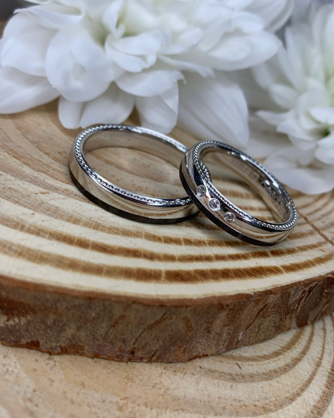 Black Carbon White Gold Milgrain Wedding Band