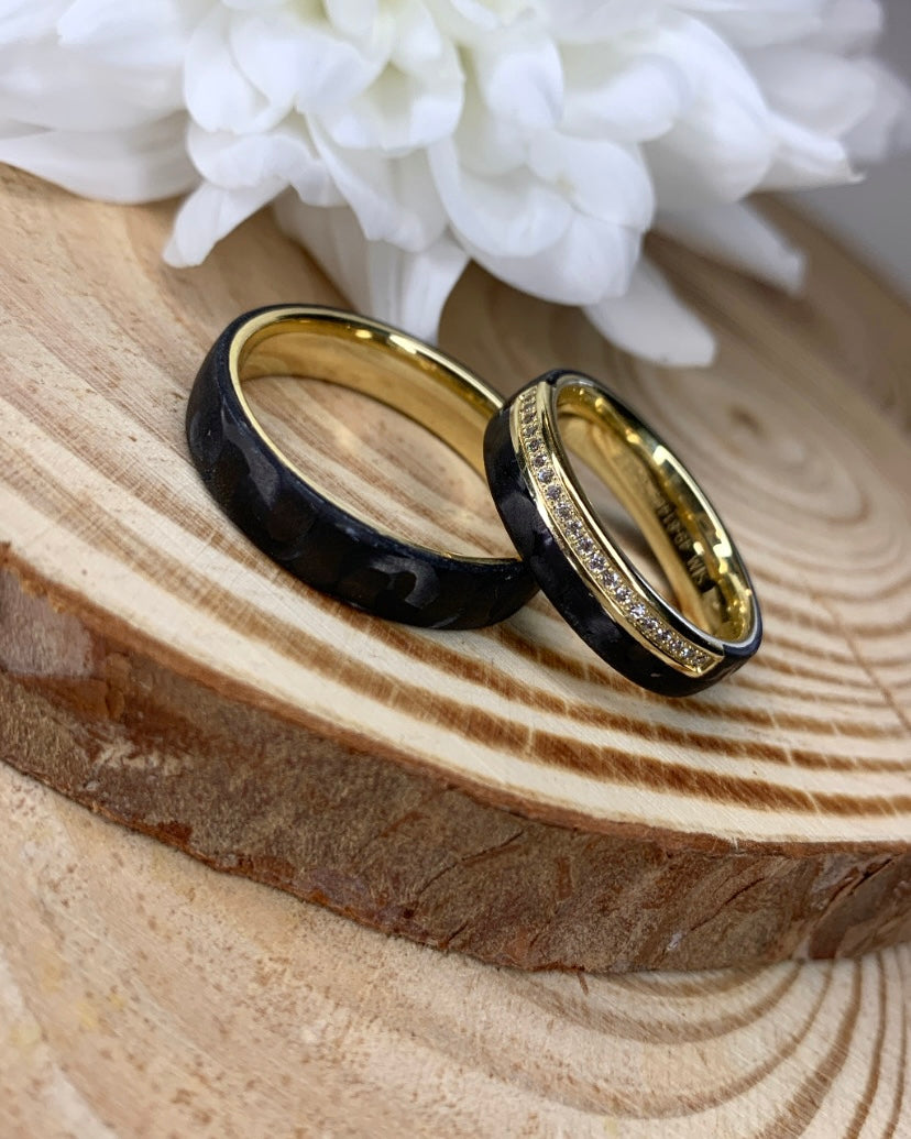 Black Carbon Diamond and Yellow Gold Wedding Band