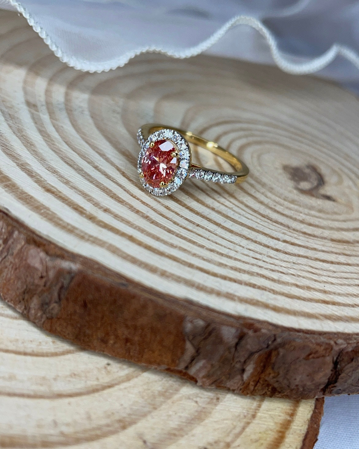 18ct Yellow Gold Pink Lab Diamond Halo Engagement Ring