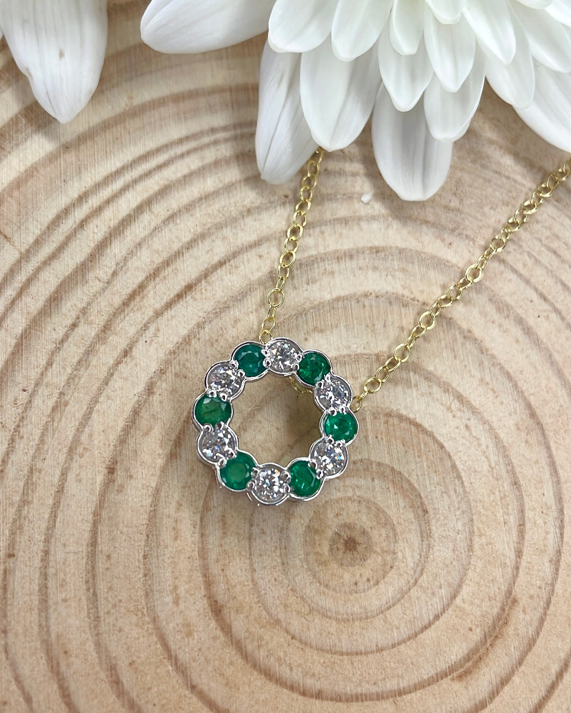 9ct Lab Grown Diamond & Emerald Circle Pendant