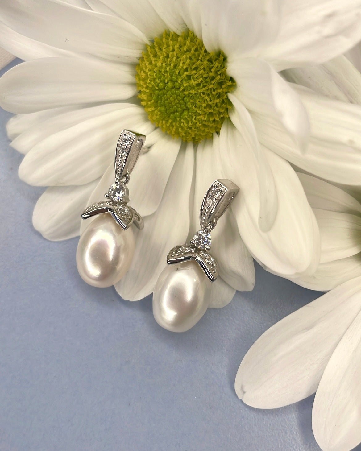 Sterling Pearl Drop with Floral Cubic Zirconia Earrings