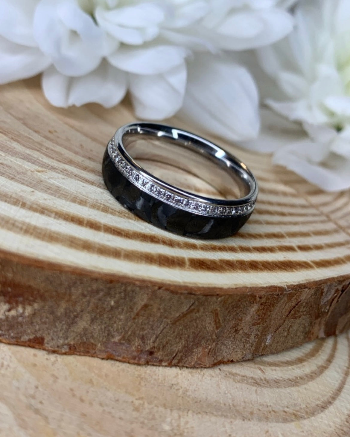 Black Carbon White Gold Diamond Strip Wedding Band