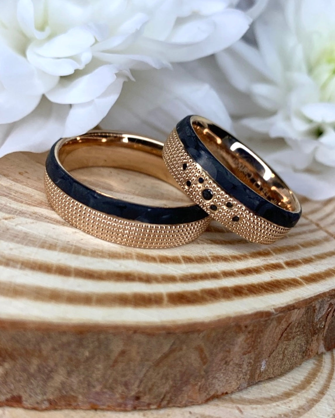 Black Carbon Raindrop Diamond Rose Gold Wedding Band