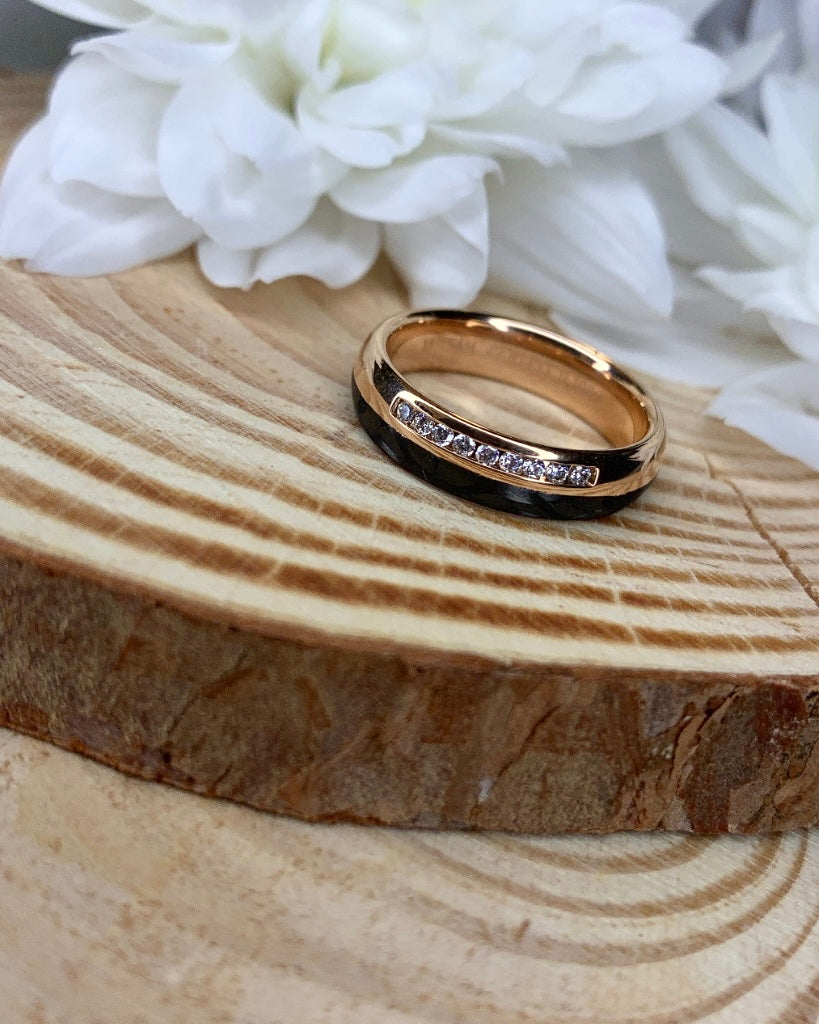 Black Carbon & Rose Gold Diamond Strip Wedding Band