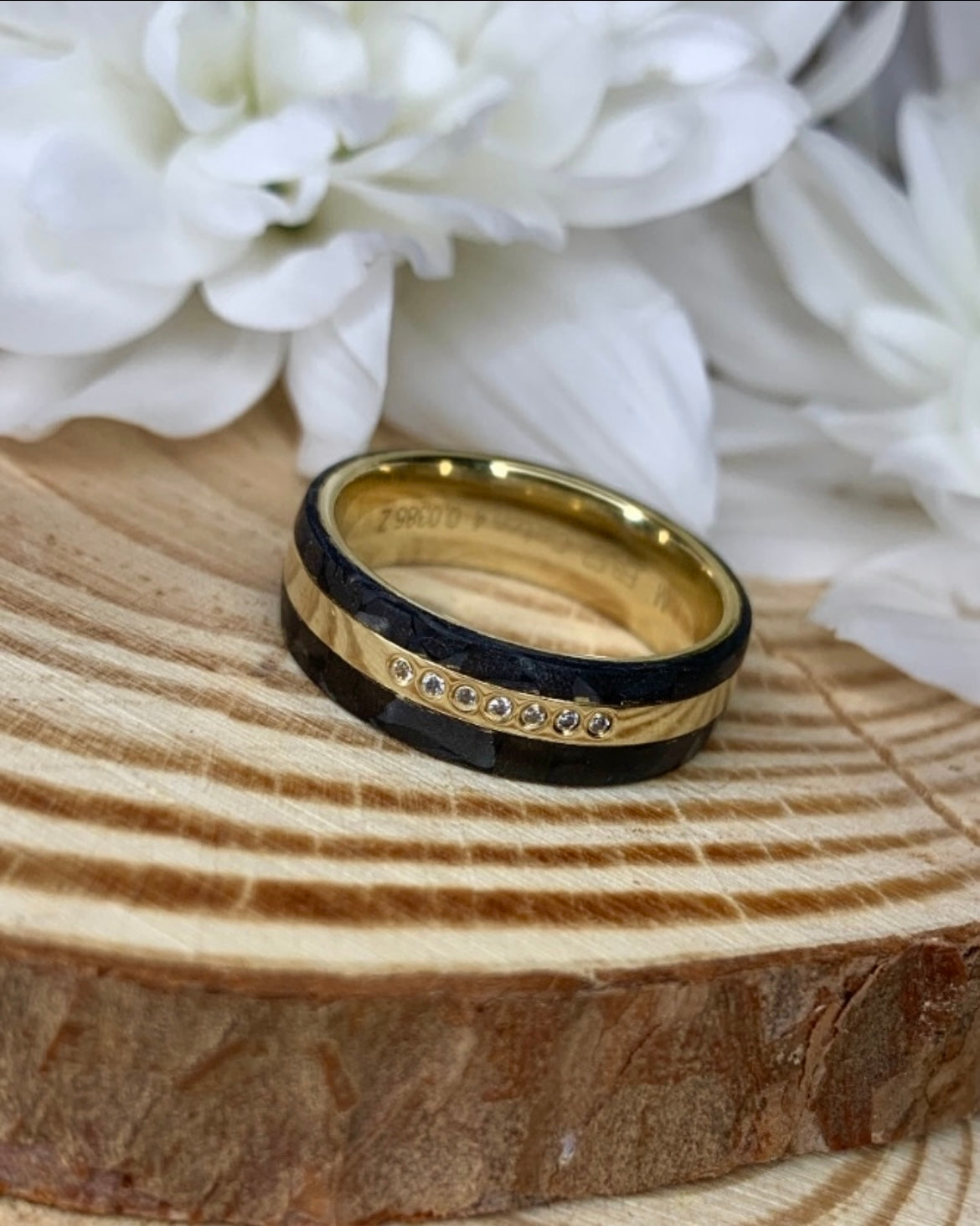 Black Carbon Seven Diamond Yellow Gold Wedding Band