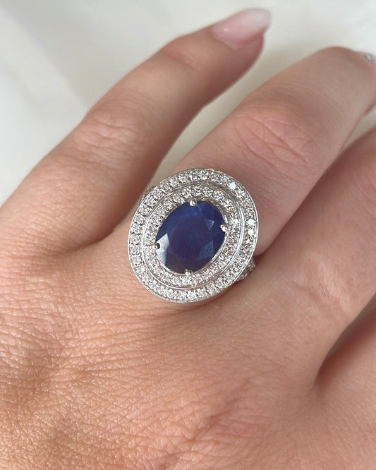Oval Sapphire and Diamond Double Halo 18ct Ring