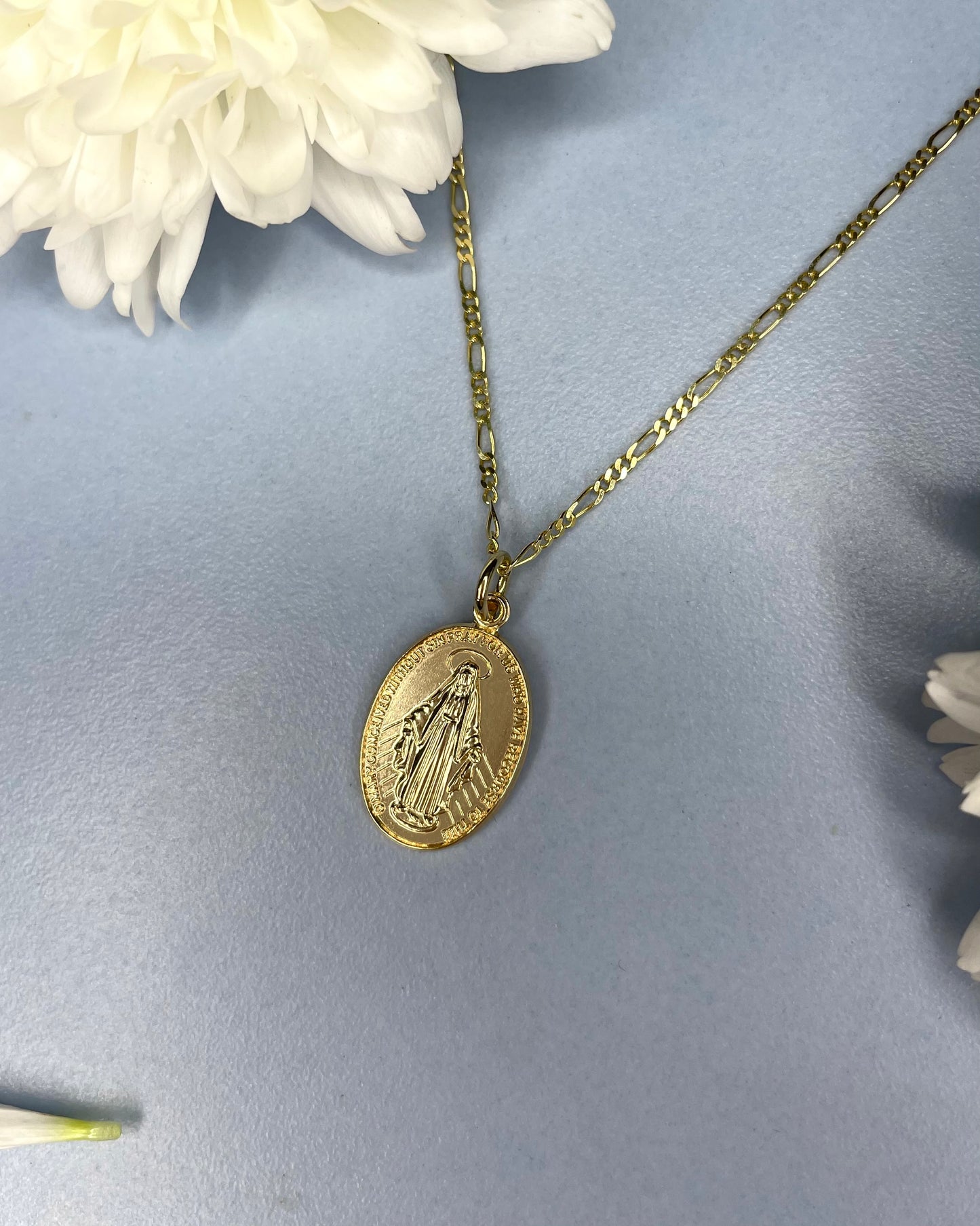 9ct Miraculous Medal Pendant Figaro Chain