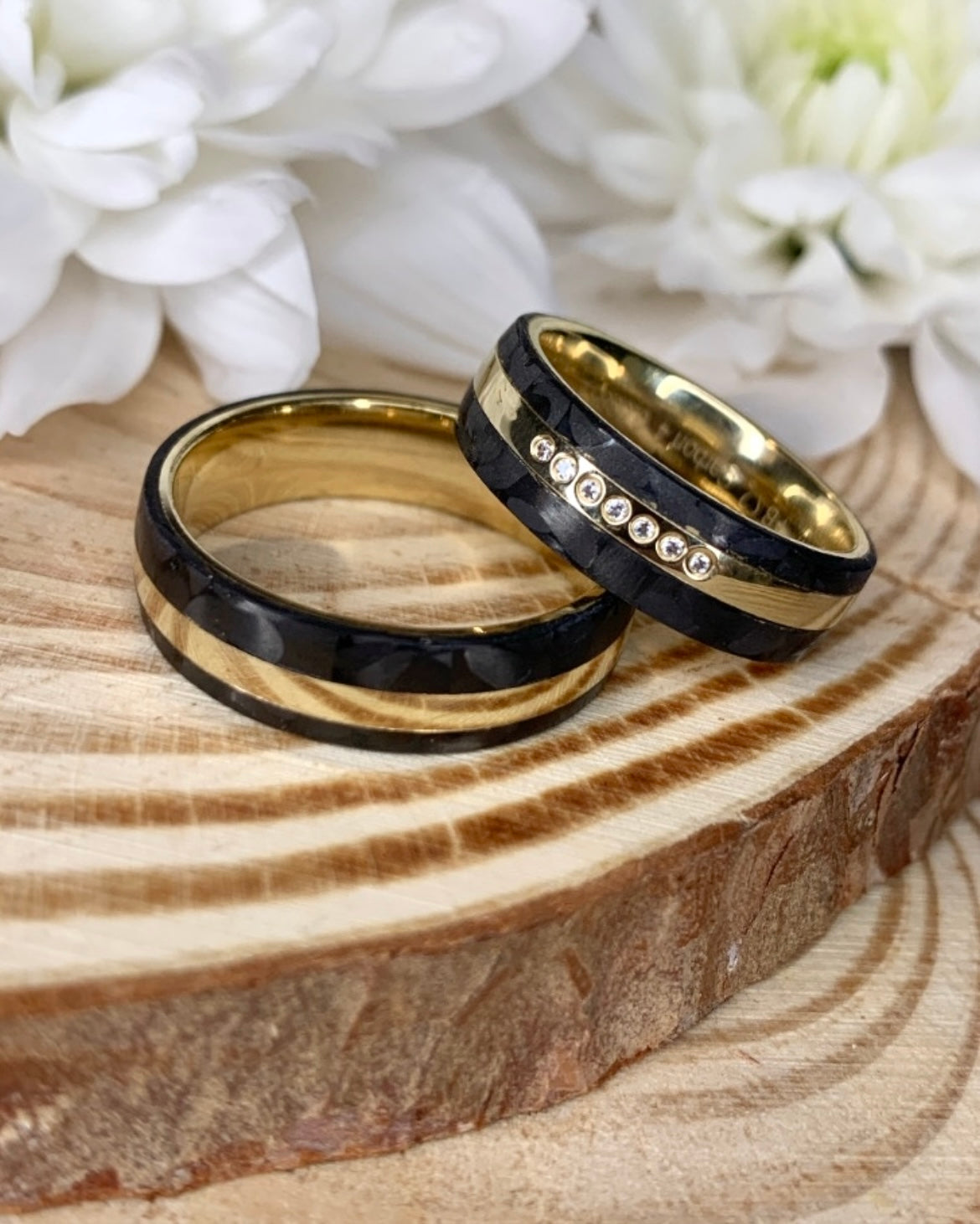 Black Carbon Seven Diamond Yellow Gold Wedding Band