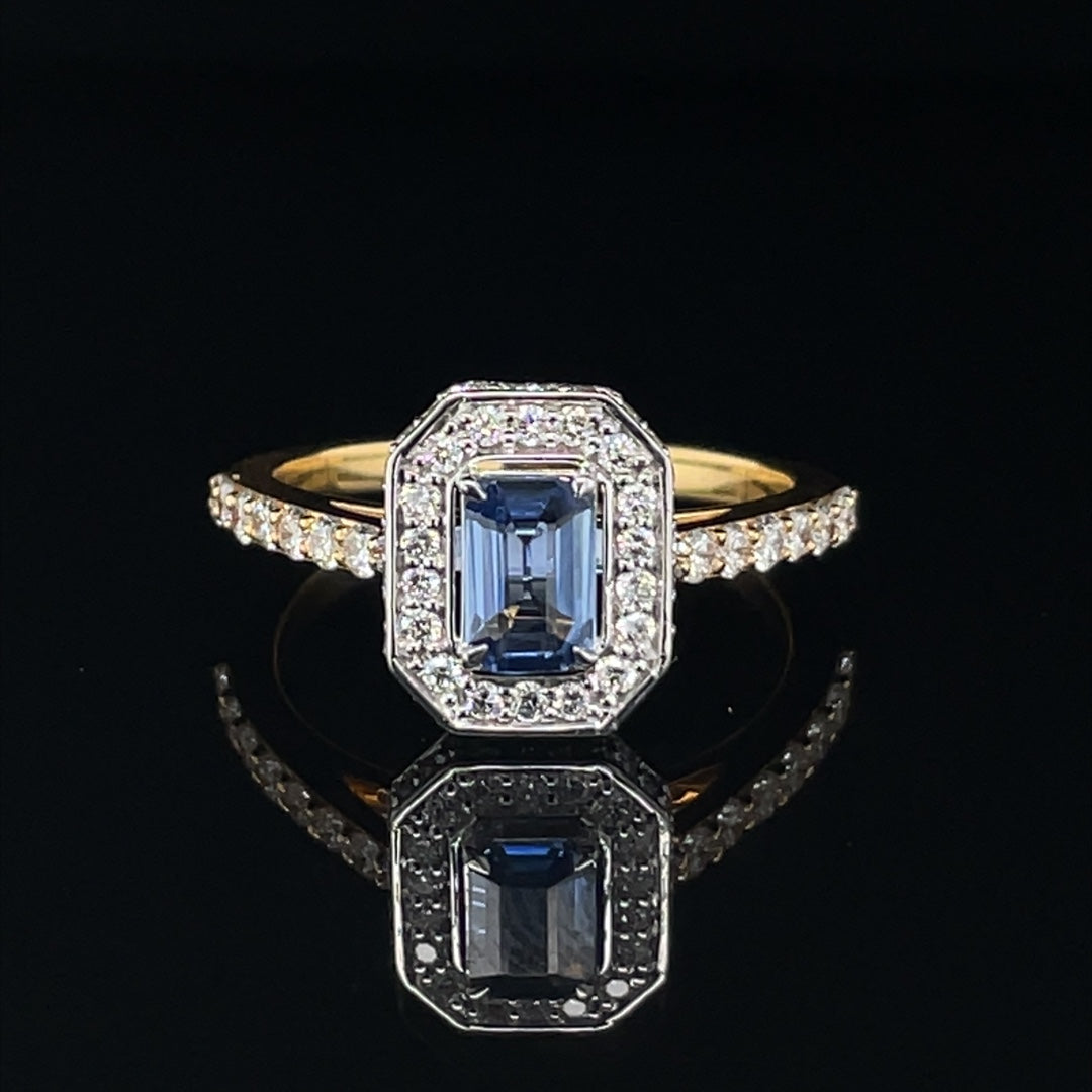 18ct Yellow Gold Emerald Cut Sapphire with Diamond Halo Ring