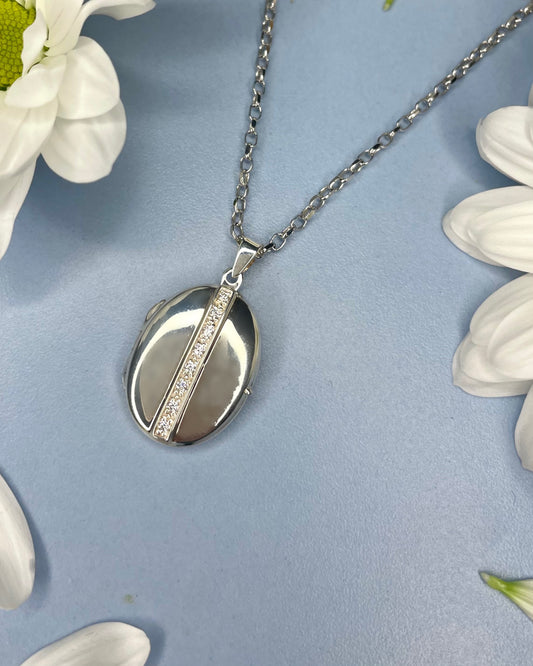 Sterling Silver Oval Cubic Zirconia Locket